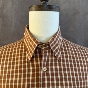 New Henry Jacobson Lg brown checked cotton hidden button down collar sport shirt
